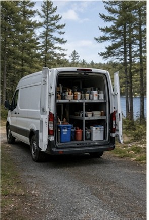 Work van backed into a wooded lake-house driveway with organized pipe stock in the back