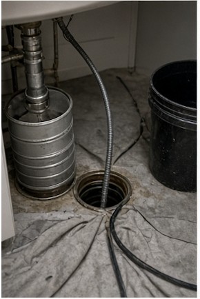 Drain auger being fed into a basement cleanout