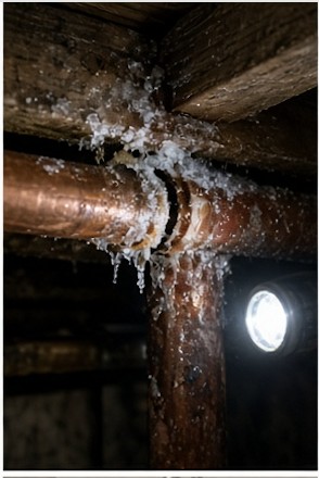 Split frozen copper water line in a New Hampshire basement joist bay