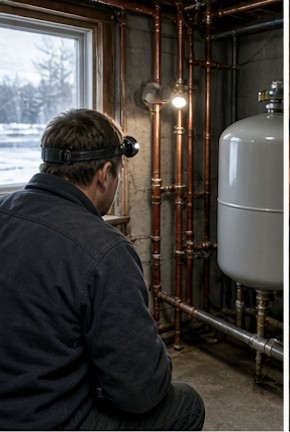 Plumber working on copper and PEX lines in the mechanical room of a New Hampshire lake house