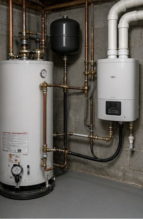 New water heater installed in a New Hampshire basement with expansion tank